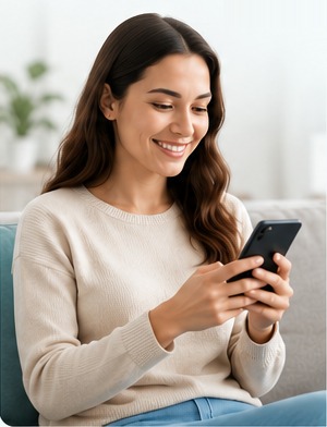 Patient smiling while booking on her phone